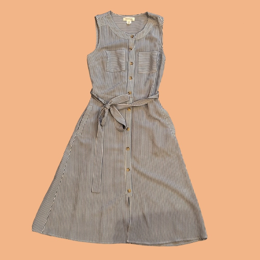 Blue and white striped midi dress with belted waist and pockets